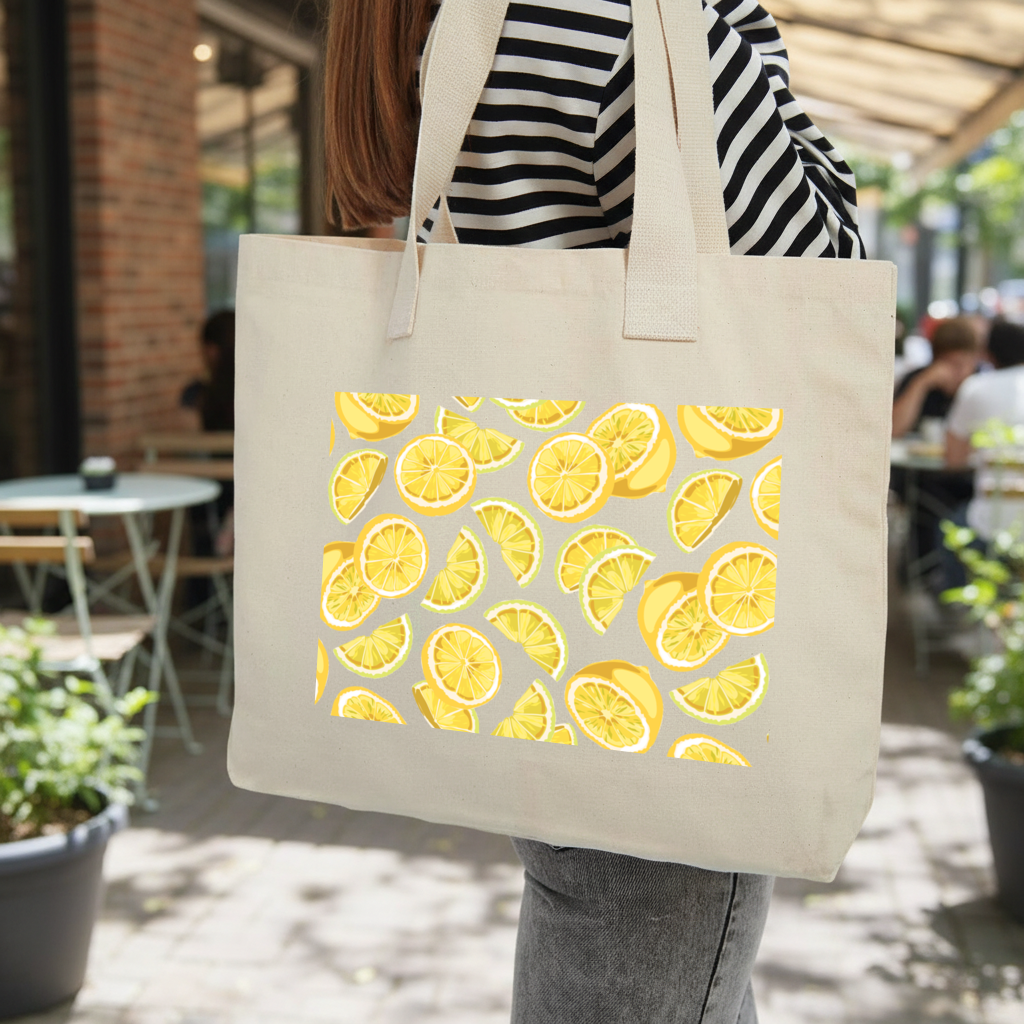 Fresh Lemon Slices Vibrant Summer Pattern Inner Pocket Tote with Webbing Handle