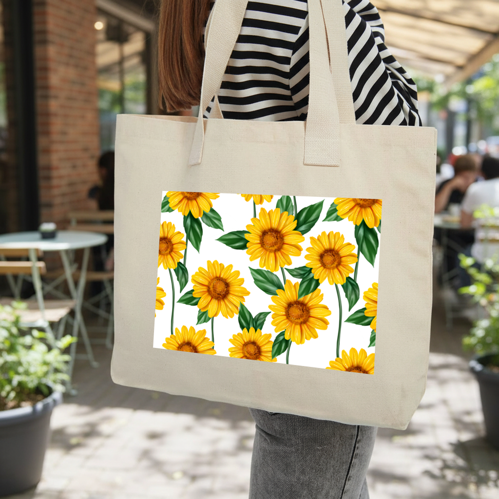 Vibrant Yellow Sunflower and Green Leaf Pattern Illustration Inner Pocket Tote with Webbing Handle