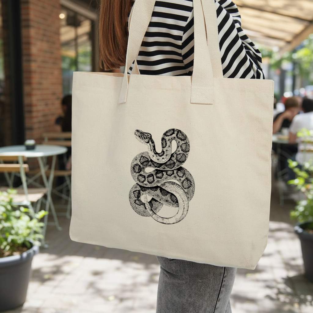 Detailed Vintage Rattlesnake Illustration Inner Pocket Tote with Webbing Handle