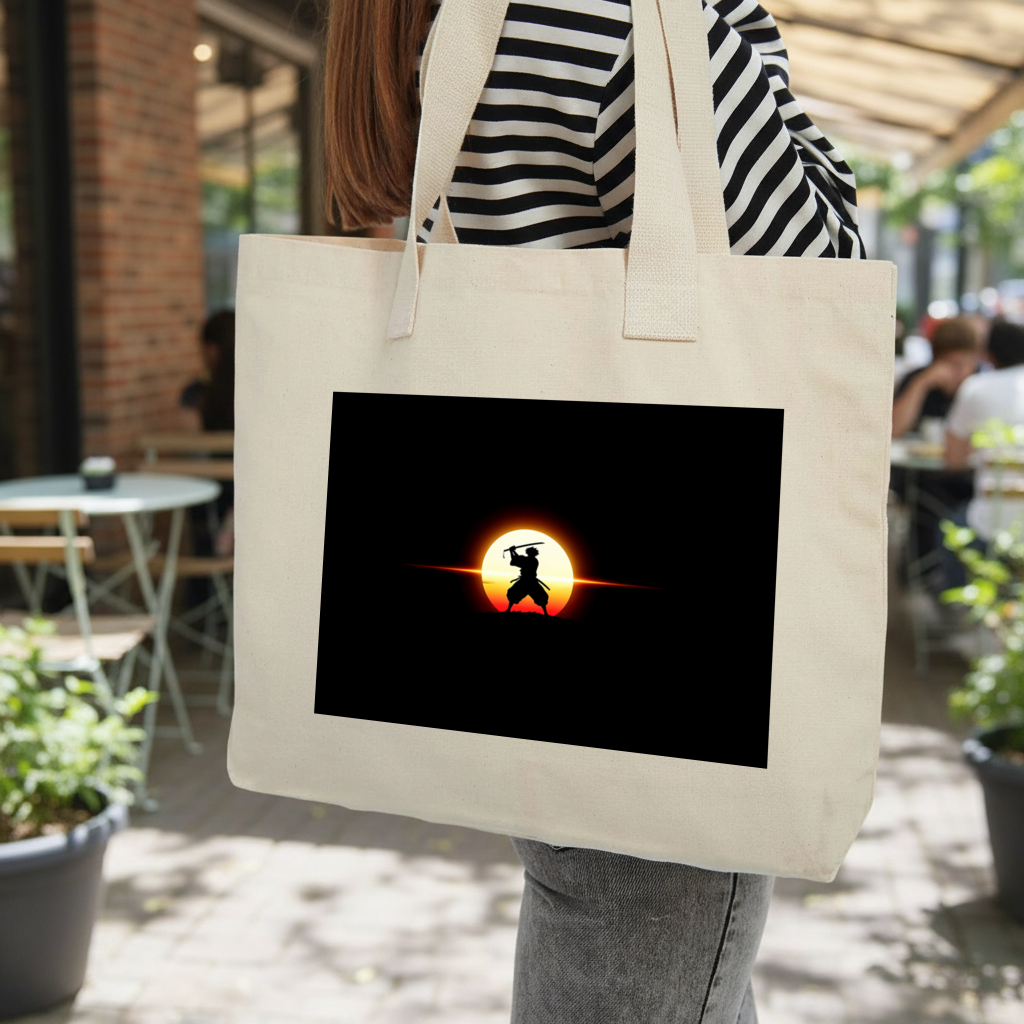 Samurai Silhouette Under the Rising Sun Honor and Strength Inner Pocket Tote with Webbing Handle