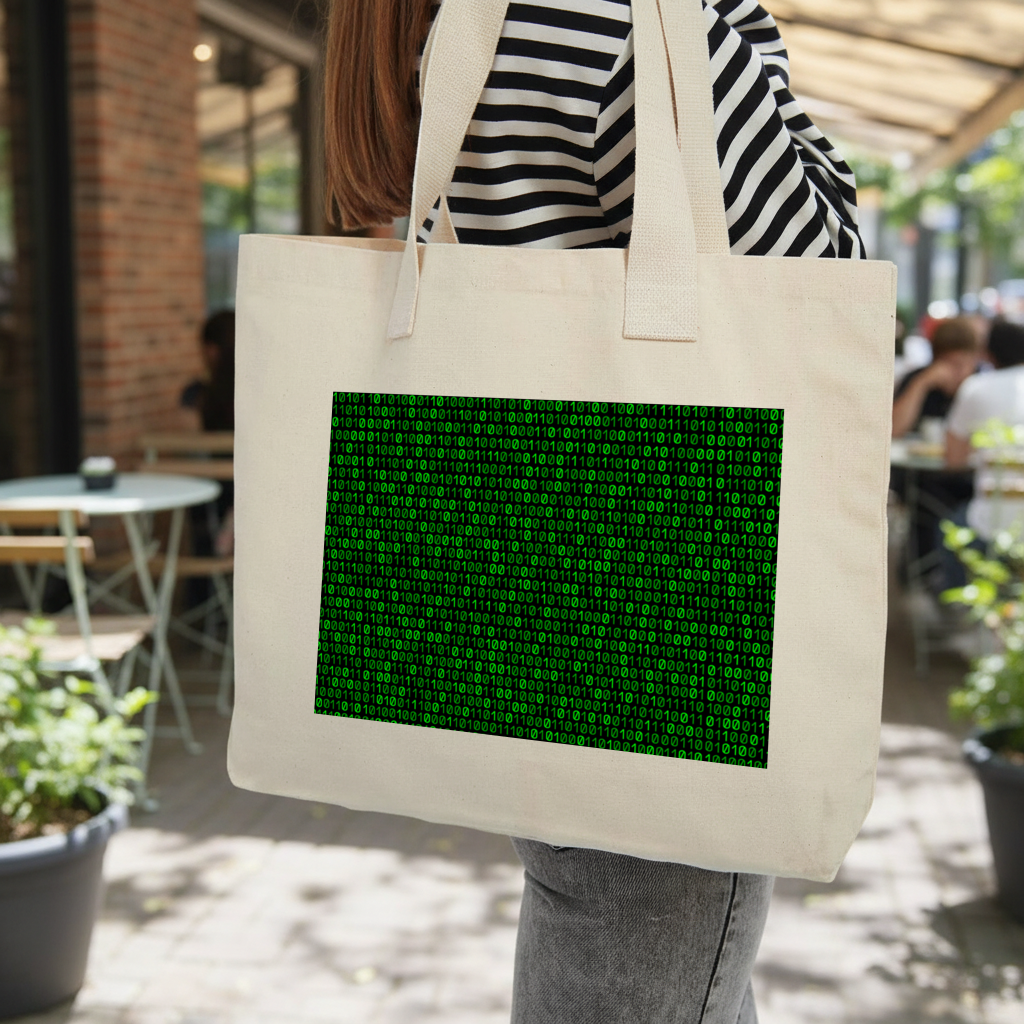 Matrix Style Digital Binary Code Background Inner Pocket Tote with Webbing Handle