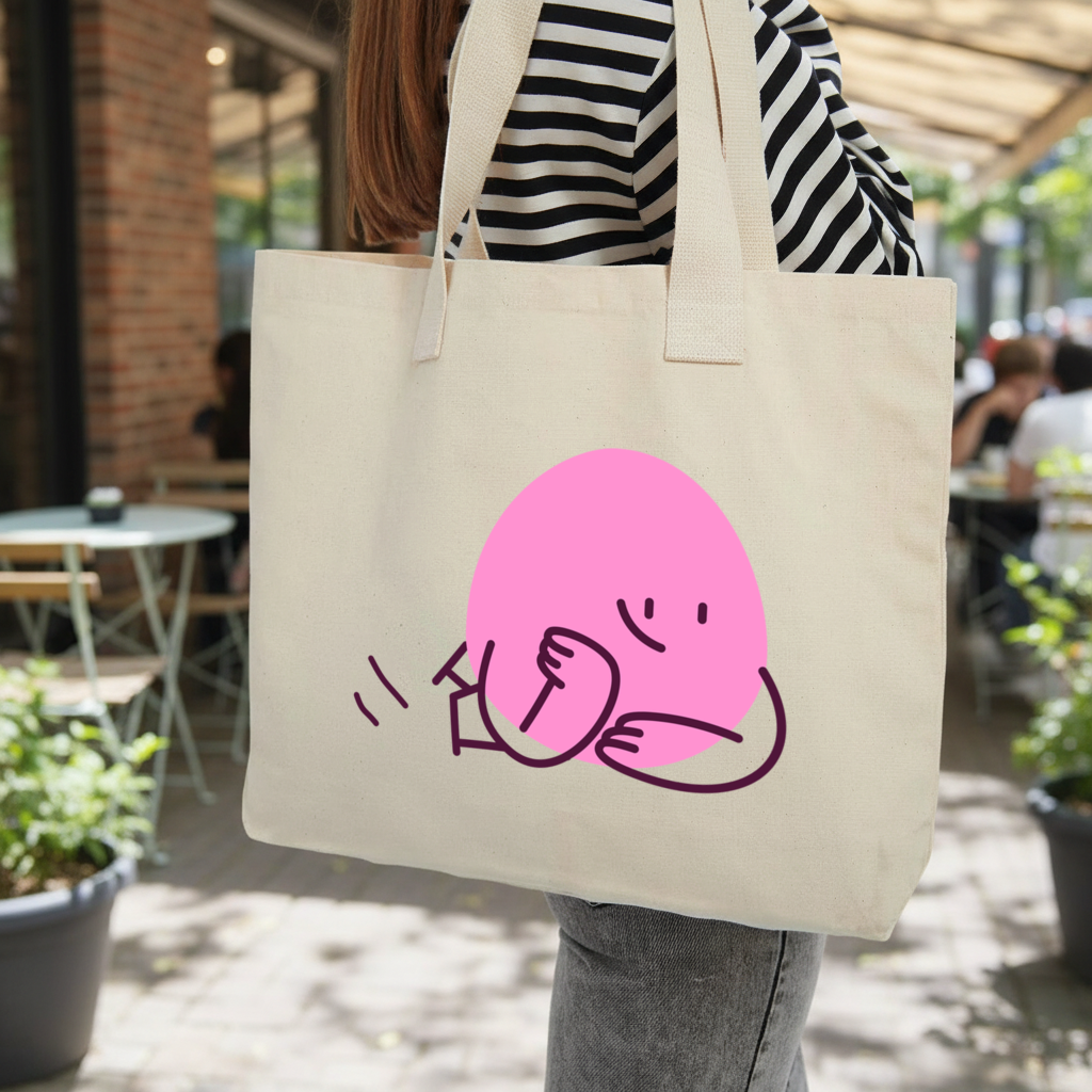 Cute Pink Lying Character Illustration Inner Pocket Tote with Webbing Handle