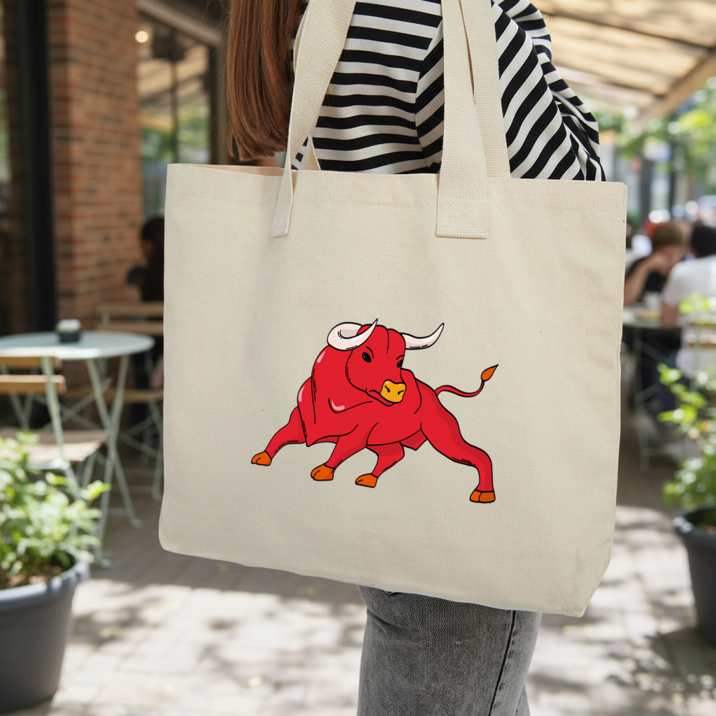 Spanish Red Bull Illustration Inspired by Matador Theme Inner Pocket Tote with Webbing Handle