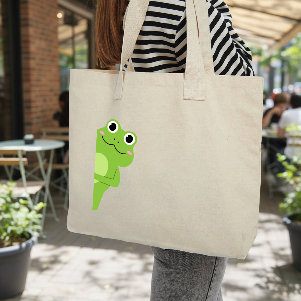 Cute Green Frog Peek-a-Boo Illustration Inner Pocket Tote with Webbing Handle