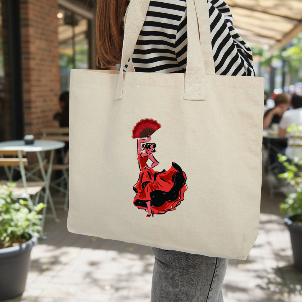 Flamenco Dancer with Fan Illustration Inner Pocket Tote with Webbing Handle
