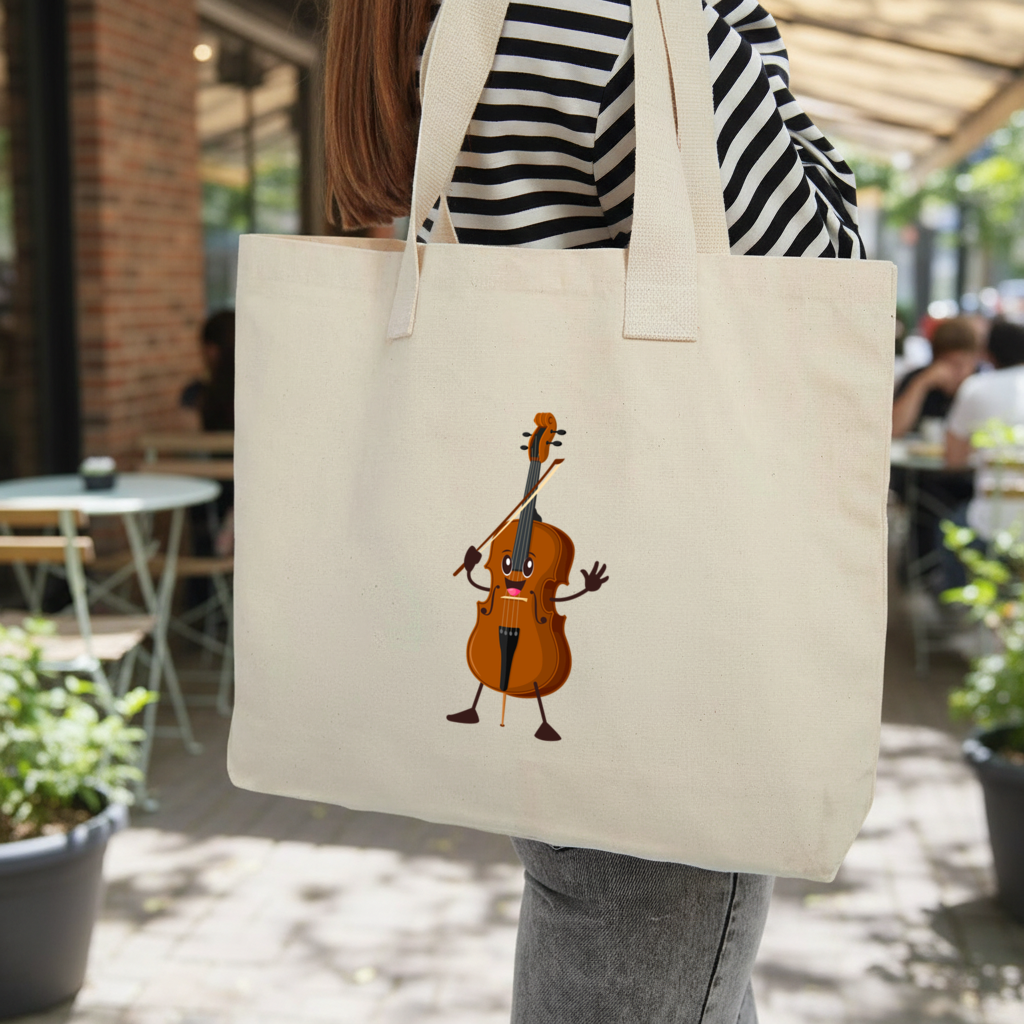 Happy Cello Character Art Design Inner Pocket Tote with Webbing Handle