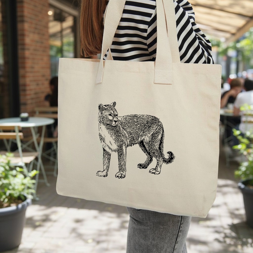 Black and White Wild Cat Sketch Illustration Inner Pocket Tote with Webbing Handle