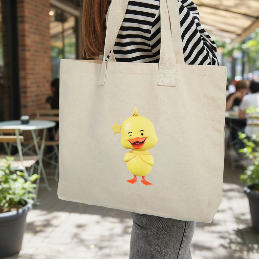 Cheerful Winking Yellow Duck with Star Inner Pocket Tote with Webbing Handle