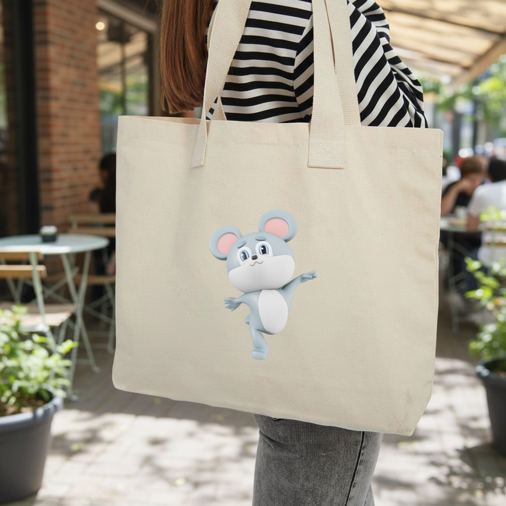 Dancing Cute Grey Mouse Character Inner Pocket Tote with Webbing Handle