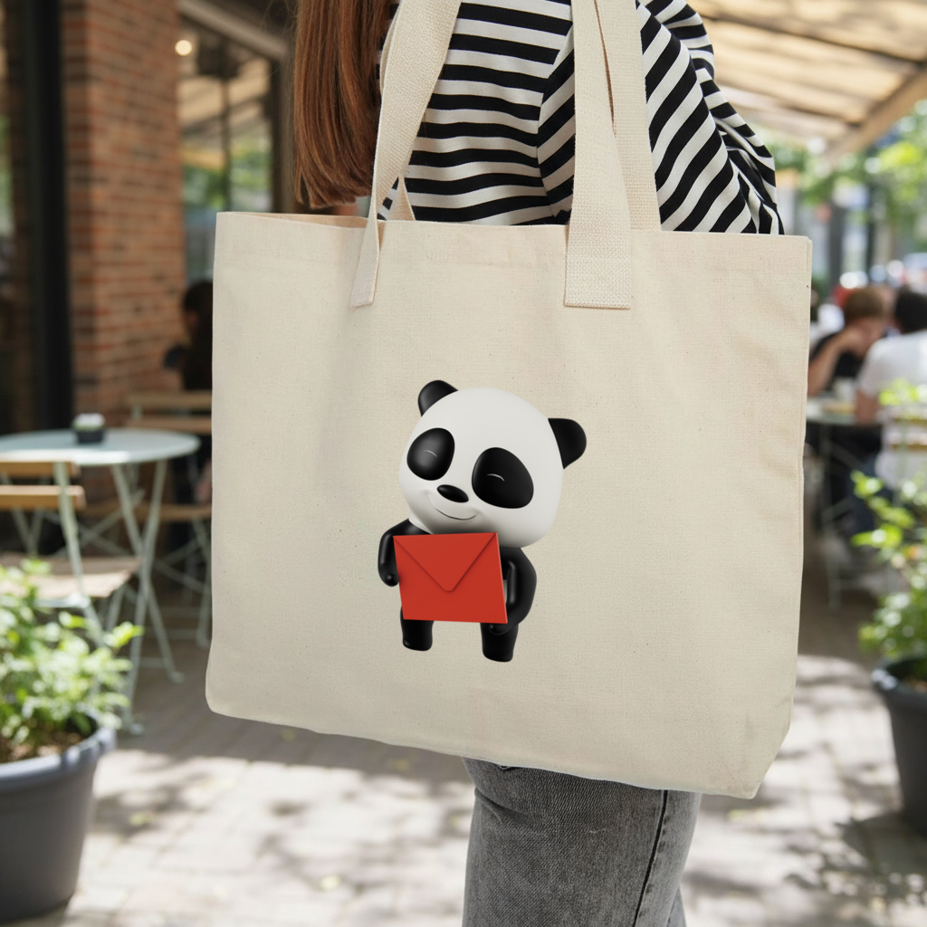 Happy Panda Character Holding Red Envelope Inner Pocket Tote with Webbing Handle