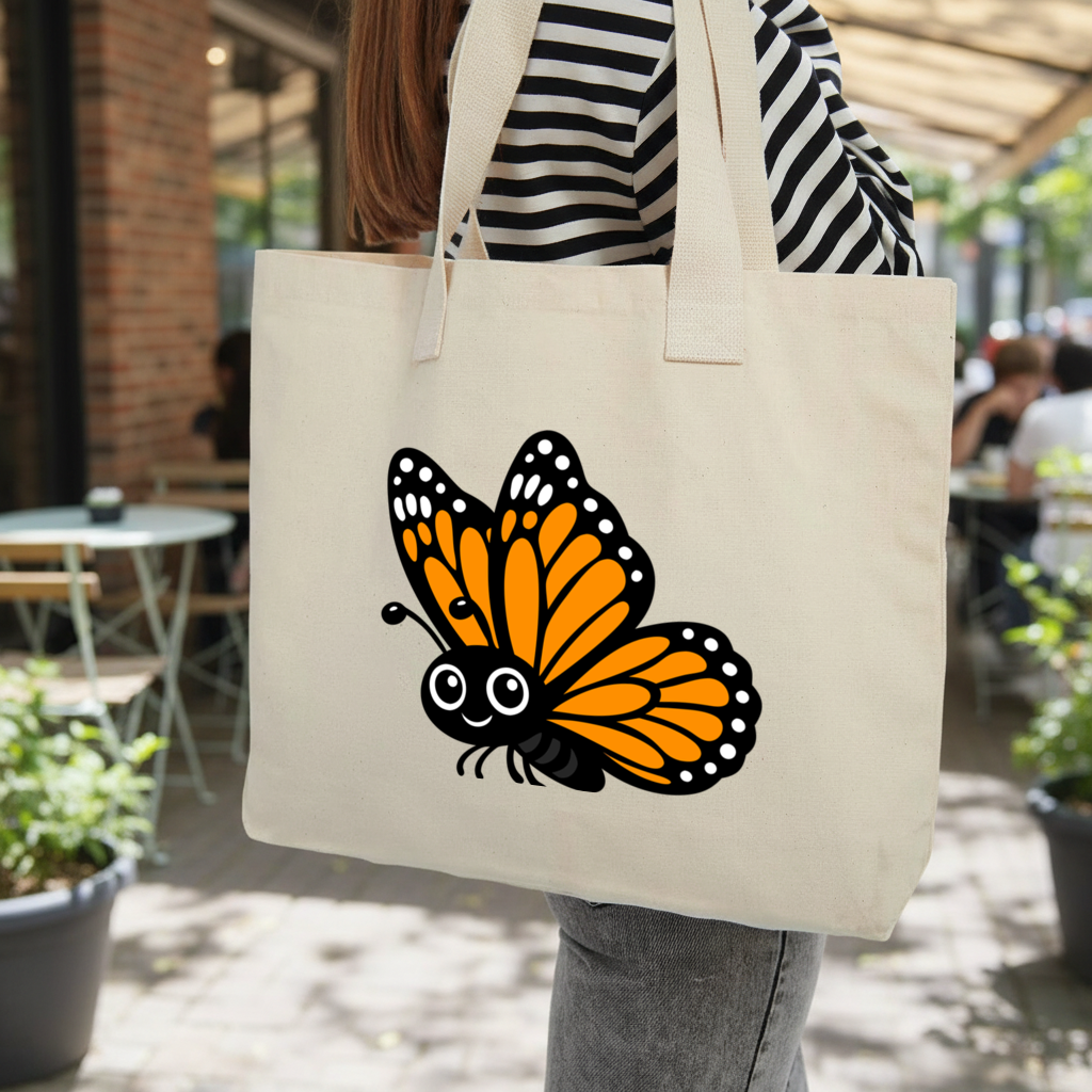 Smiling Orange Monarch Butterfly Character Inner Pocket Tote with Webbing Handle