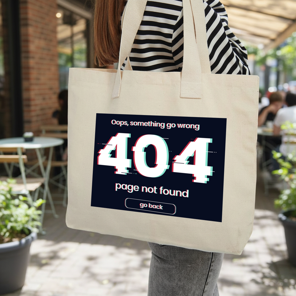 404 Error Glitch Design Inner Pocket Tote with Webbing Handle