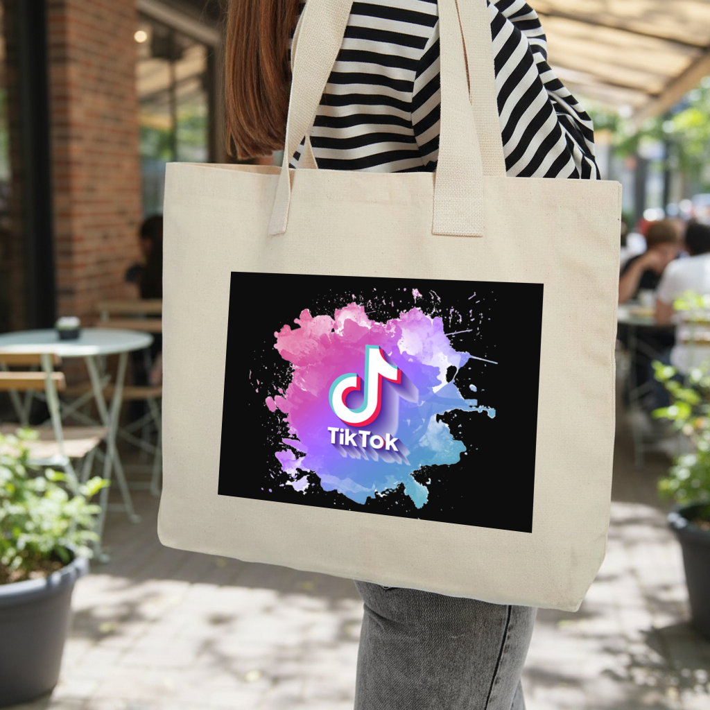 TikTok Logo with Watercolor Effect Inner Pocket Tote with Webbing Handle