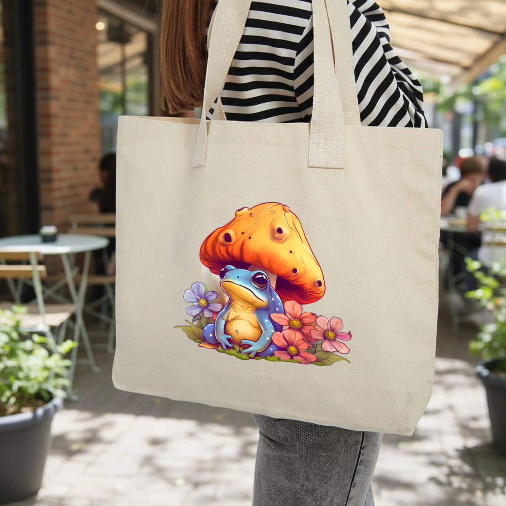 Blue Frog Resting Under Orange Mushroom Inner Pocket Tote with Webbing Handle
