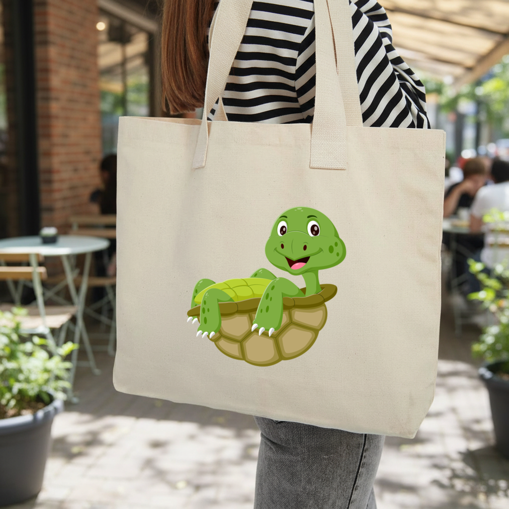 Happy Smiling Green Turtle in Shell Inner Pocket Tote with Webbing Handle