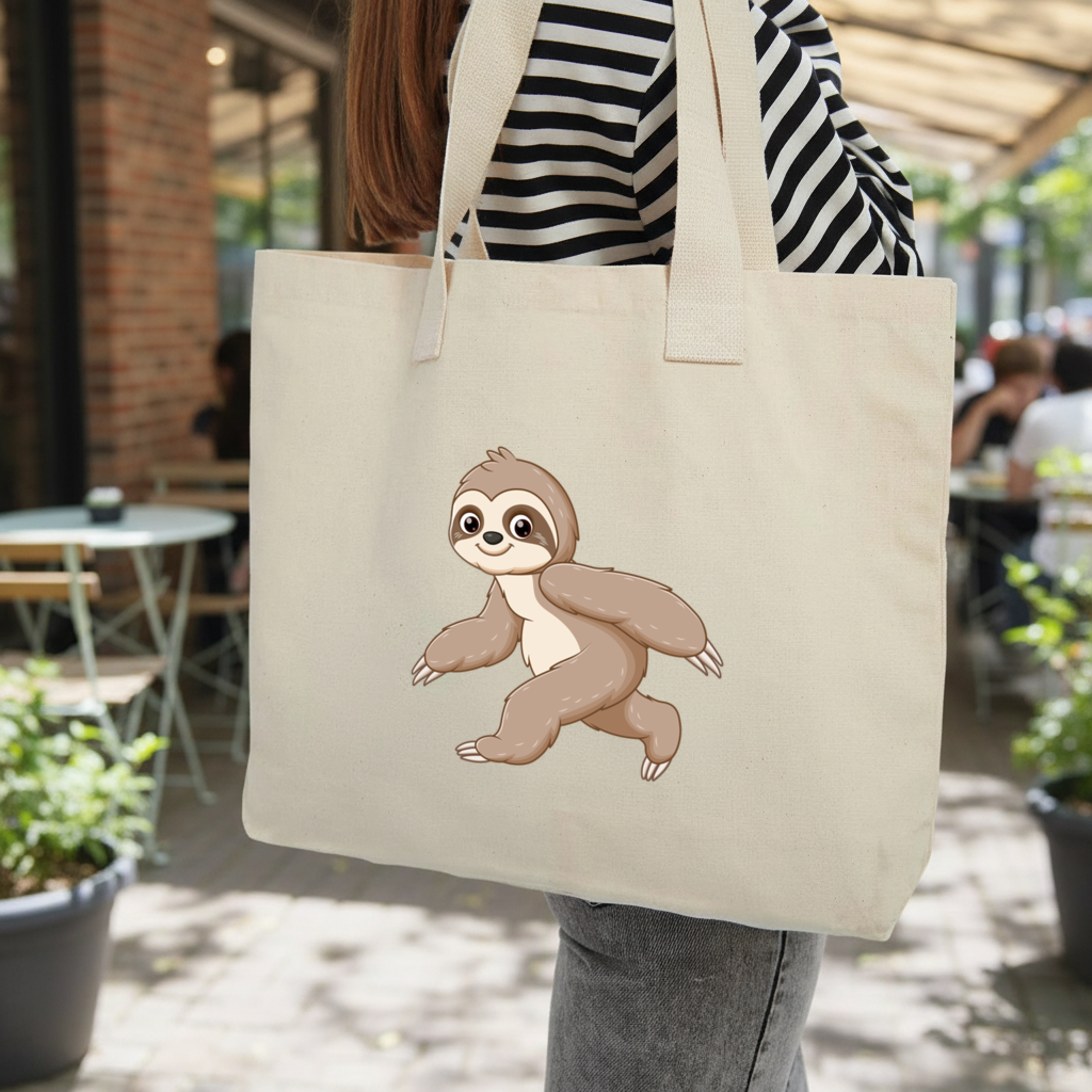 Cute Joyful Walking Sloth Inner Pocket Tote with Webbing Handle