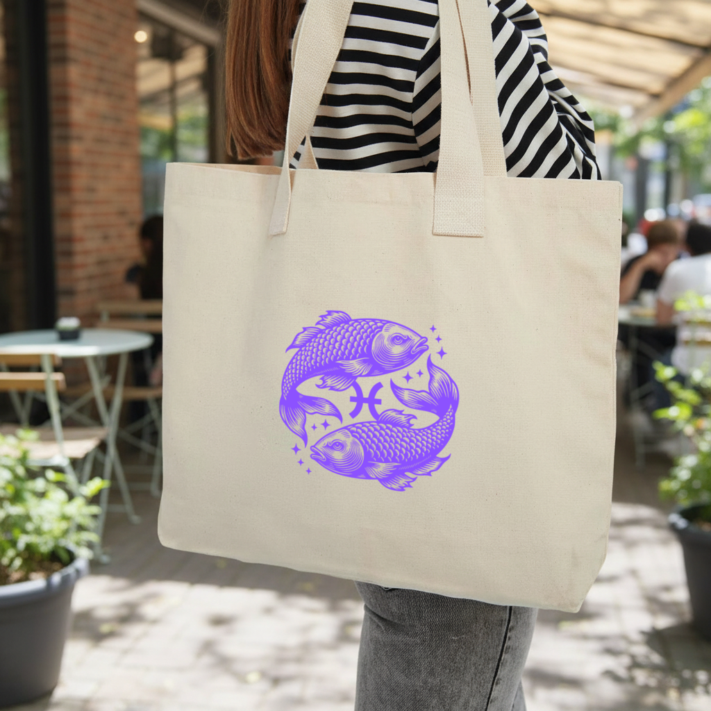 Pisces Zodiac Symbol with Purple Fish Art Inner Pocket Tote with Webbing Handle