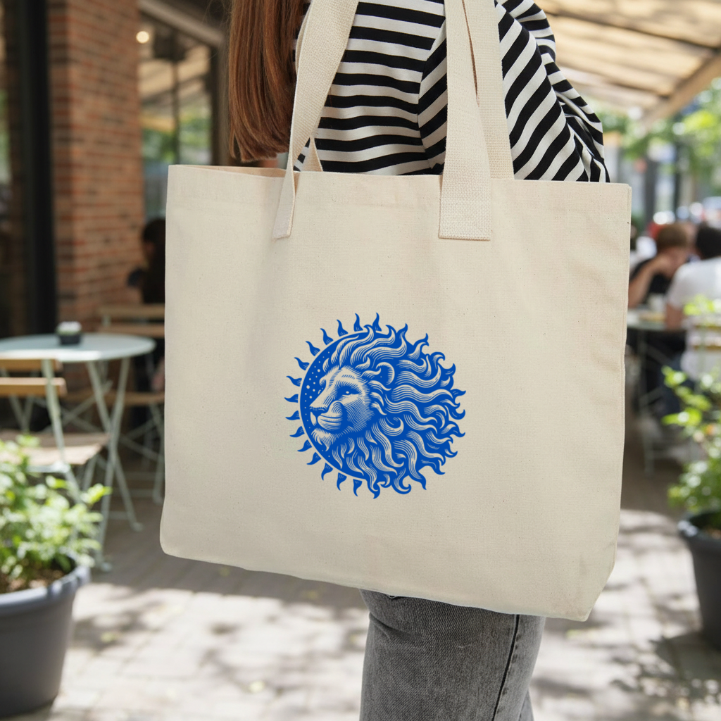 Leo Zodiac Sun and Moon Blue Motif Inner Pocket Tote with Webbing Handle