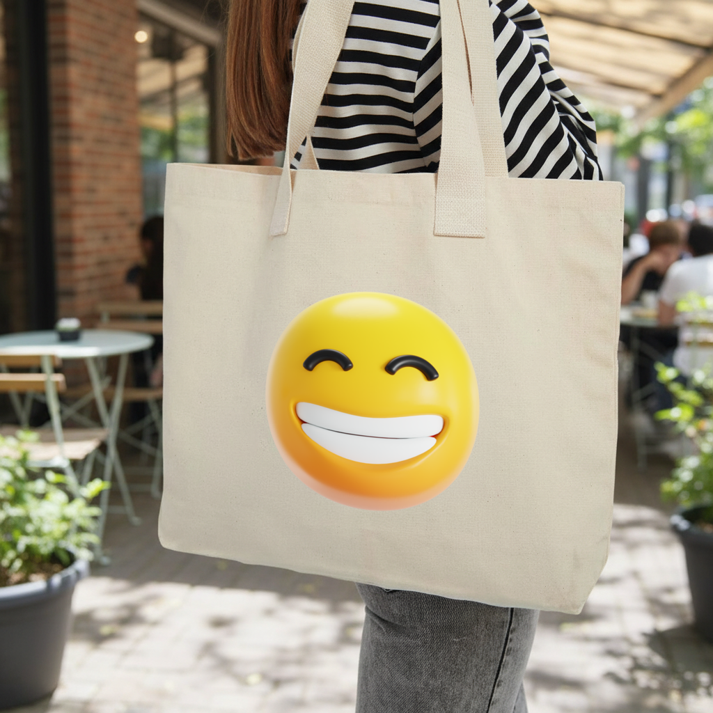 3D Smiling Emoji Inner Pocket Tote with Webbing Handle