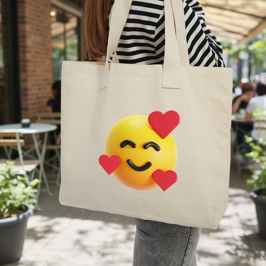3D Hearts Smiling Emoji Inner Pocket Tote with Webbing Handle