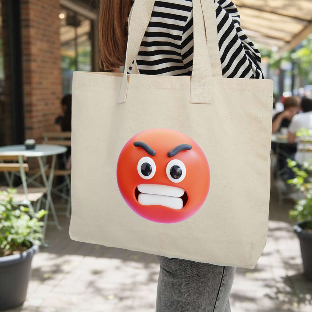 3D Angry Emoji Inner Pocket Tote with Webbing Handle