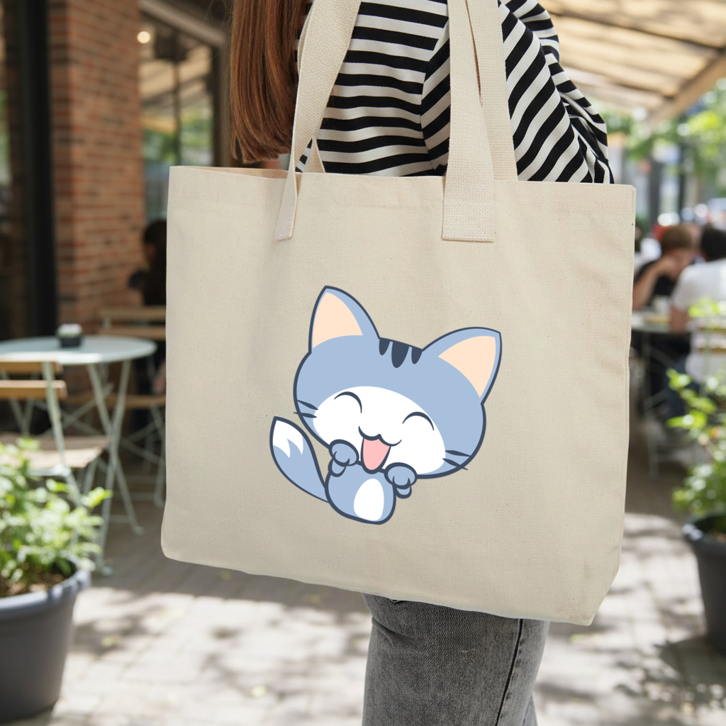 Kawaii Blue Cat Inner Pocket Tote with Webbing Handle