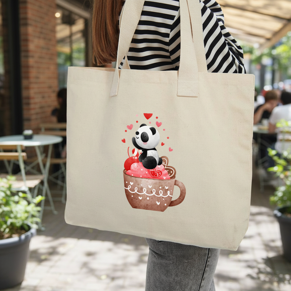 Kawaii Panda Coffee Time Inner Pocket Tote with Webbing Handle