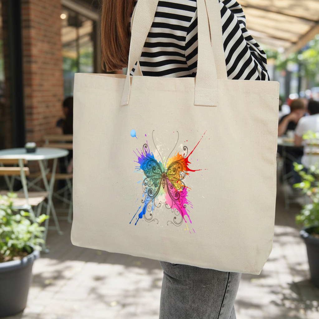 Colorful Watercolor Butterfly Inner Pocket Tote with Webbing Handle