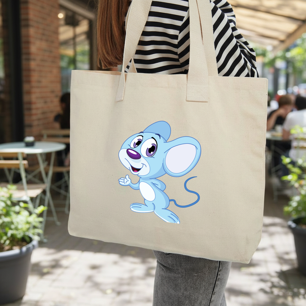 Cute Blue Mouse Inner Pocket Tote with Webbing Handle