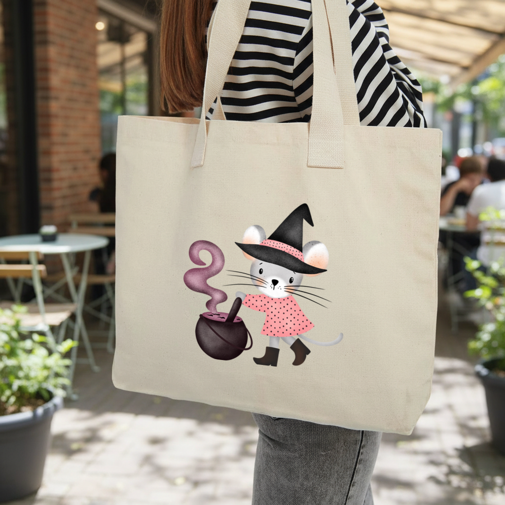 Witch Mouse with Cauldron Inner Pocket Tote with Webbing Handle