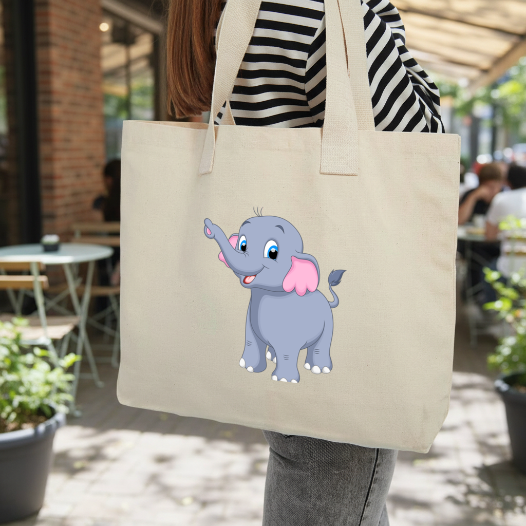 Cute Blue Elephant Inner Pocket Tote with Webbing Handle