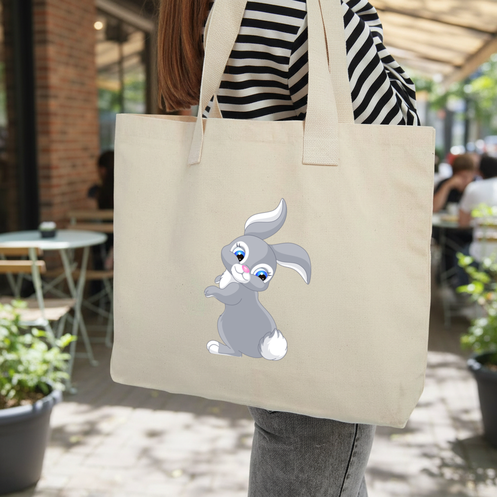 Cute Grey Bunny Inner Pocket Tote with Webbing Handle