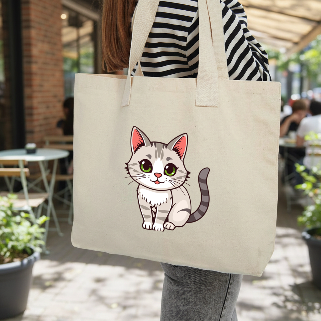Green Eyed Grey Cat Inner Pocket Tote with Webbing Handle