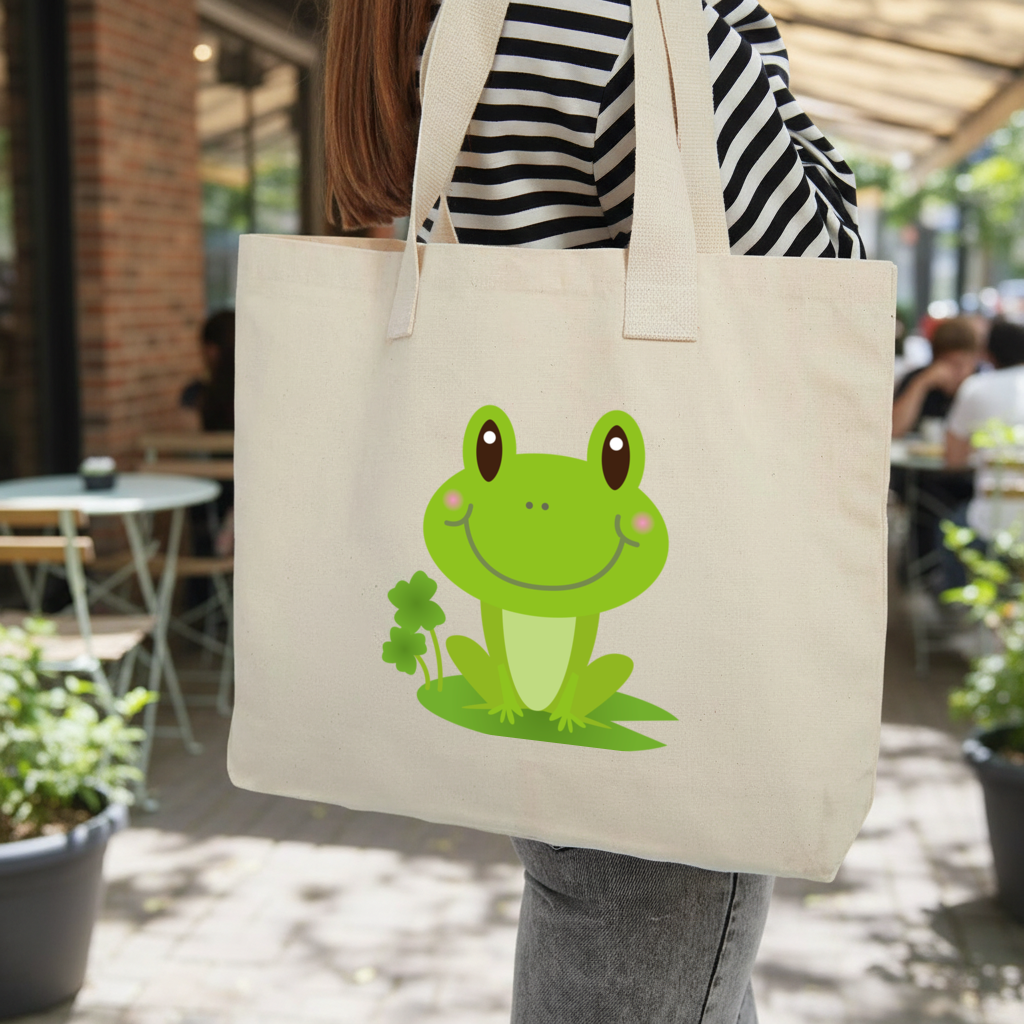 Cute Green Frog Inner Pocket Tote with Webbing Handle