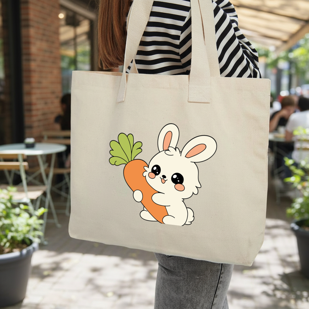 Kawaii Bunny with Carrot Inner Pocket Tote with Webbing Handle