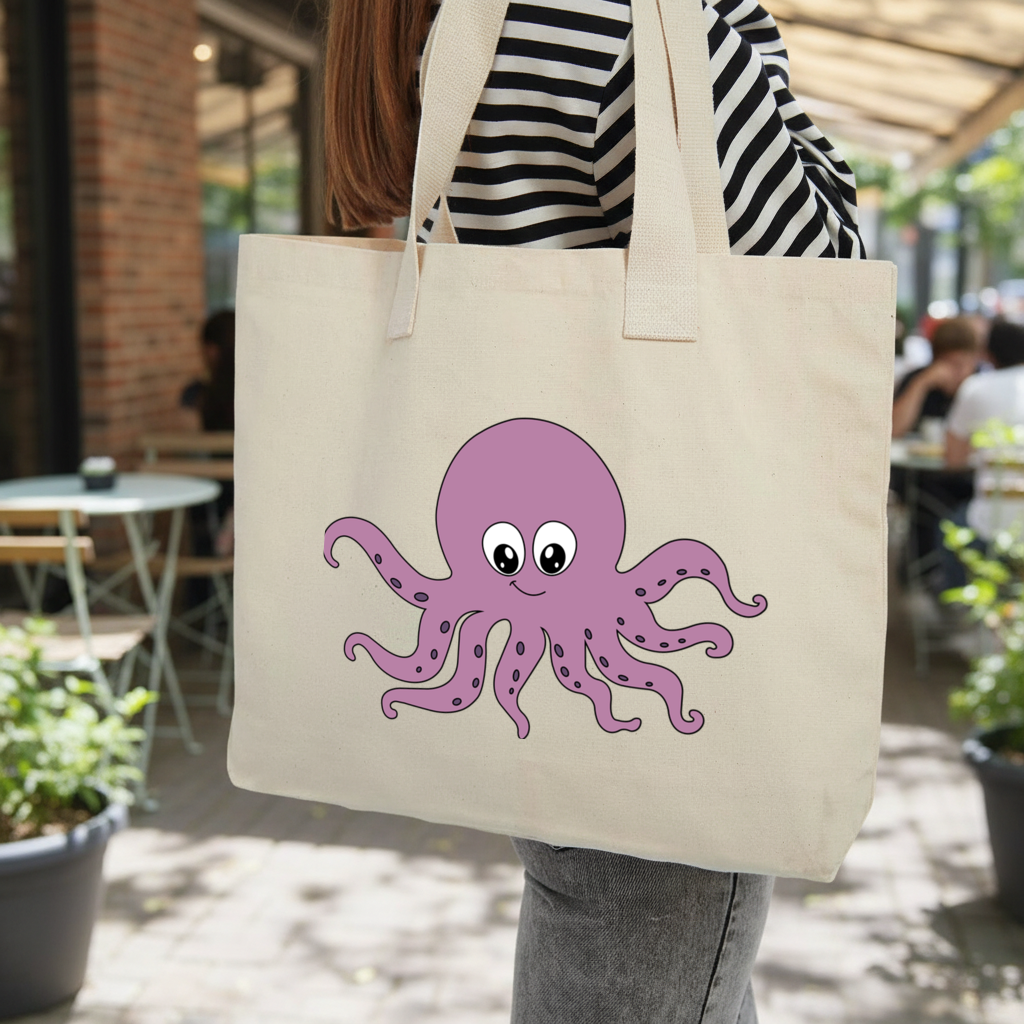 Cute Purple Octopus Inner Pocket Tote with Webbing Handle