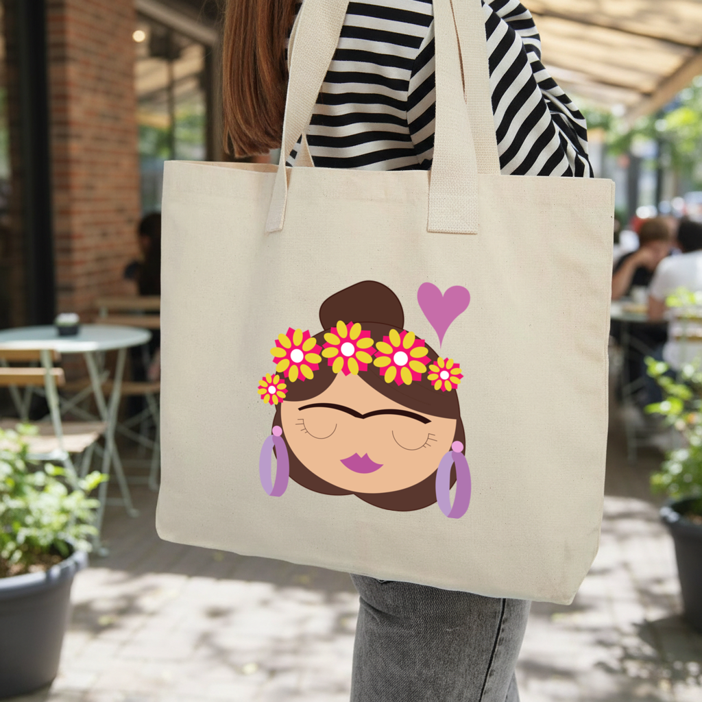 Frida Kahlo Inspired Floral Woman Inner Pocket Tote with Webbing Handle