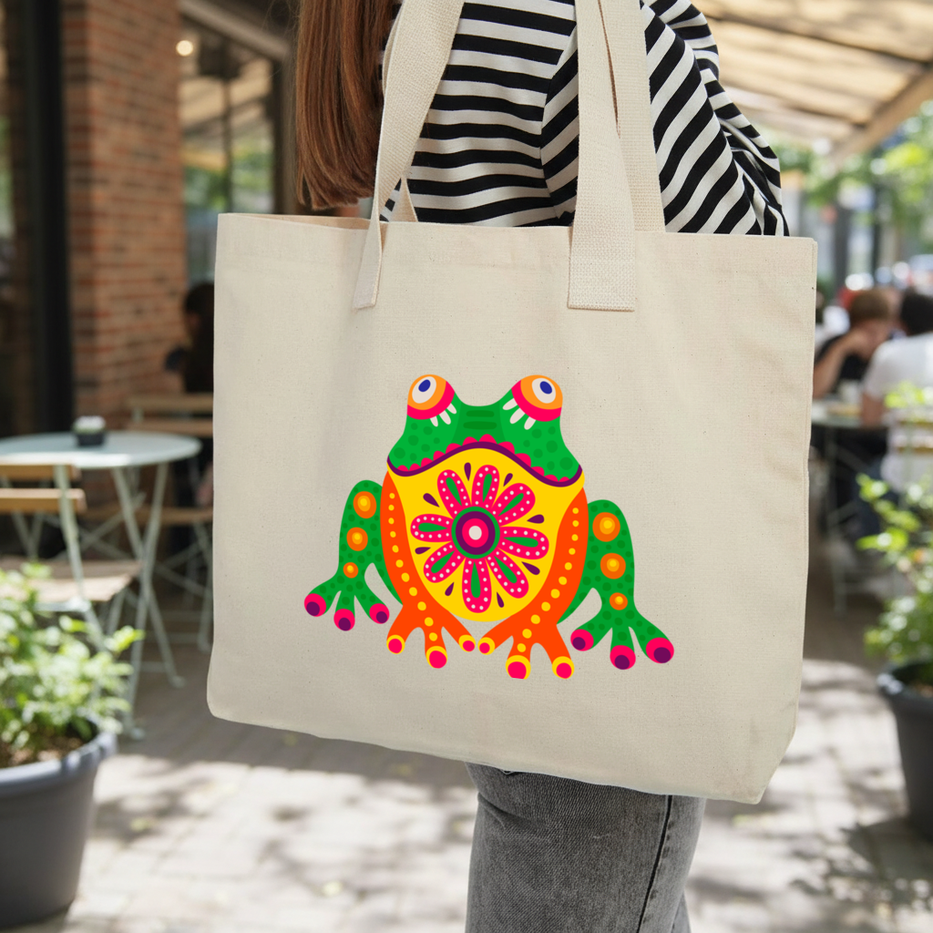 Mexican Alebrije Frog Inner Pocket Tote with Webbing Handle