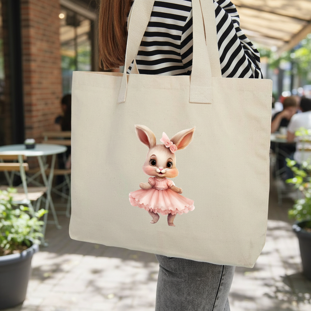 Kawaii Rabbit in Pink Ruffled Dress Inner Pocket Tote with Webbing Handle