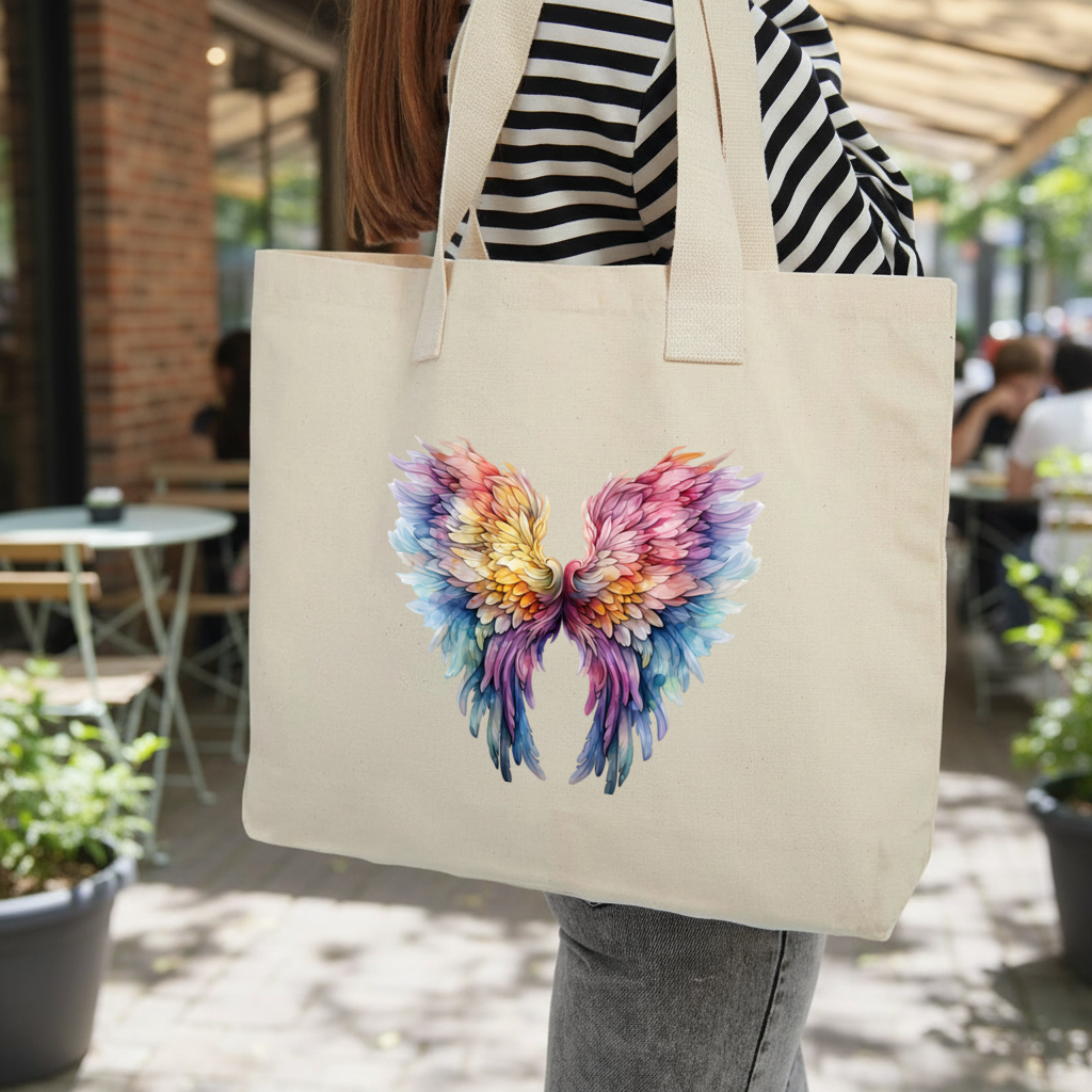 Pastel Rainbow Angel Wings Inner Pocket Tote with Webbing Handle