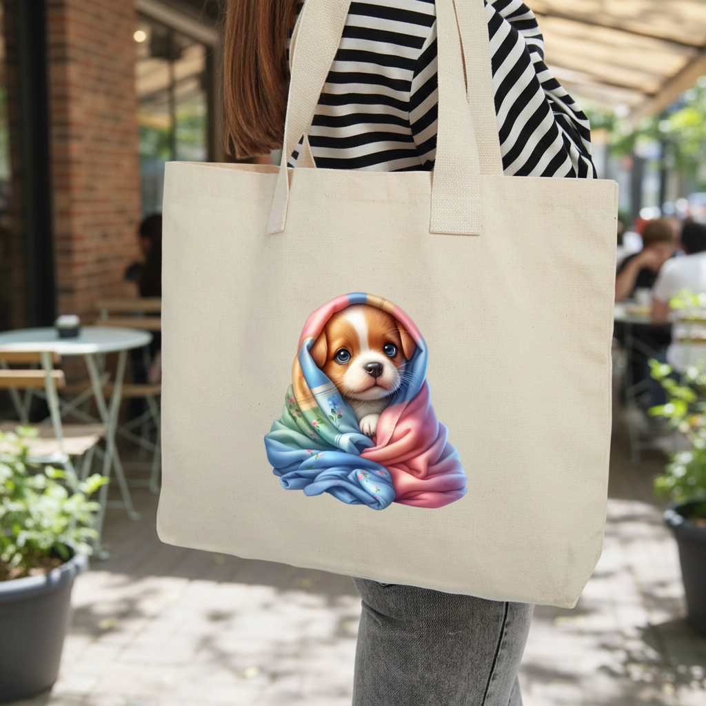 Cute Puppy Wrapped in Pastel Blanket Inner Pocket Tote with Webbing Handle
