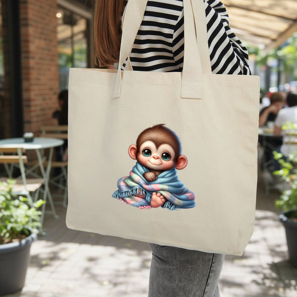 Cute Baby Monkey Wrapped in Blanket Inner Pocket Tote with Webbing Handle