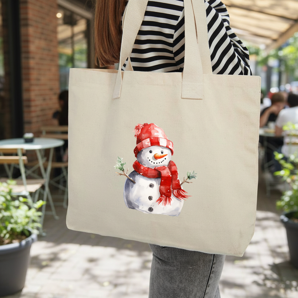 Cozy Red Scarf Snowman Inner Pocket Tote with Webbing Handle