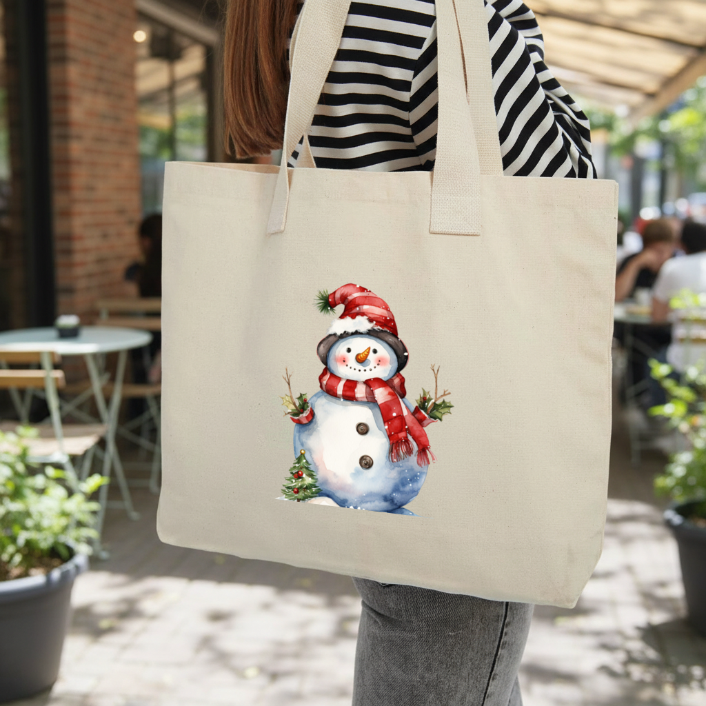 Whimsical Red Snowman Inner Pocket Tote with Webbing Handle