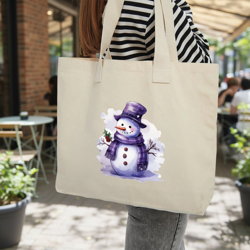 Whimsical Purple Snowman Inner Pocket Tote with Webbing Handle