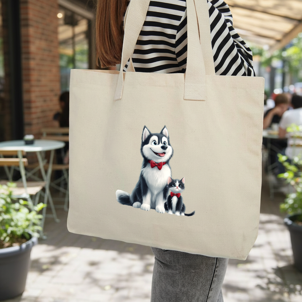 Cute Husky and Kitten with Red Bowties Inner Pocket Tote with Webbing Handle