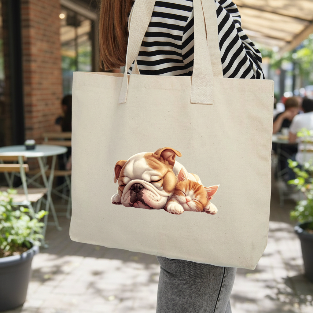 Sleeping Bulldog and Ginger Kitten Inner Pocket Tote with Webbing Handle