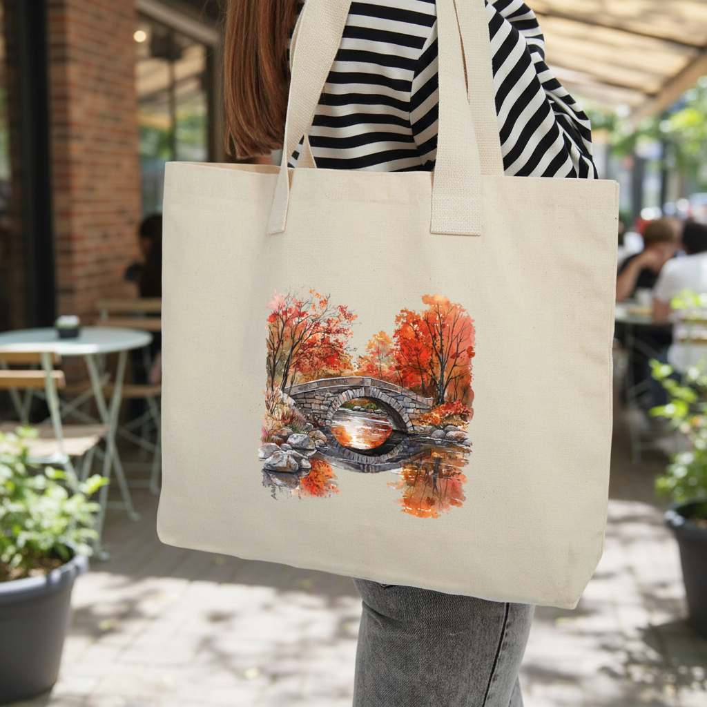 Autumn Stone Arch Bridge Over River Inner Pocket Tote with Webbing Handle