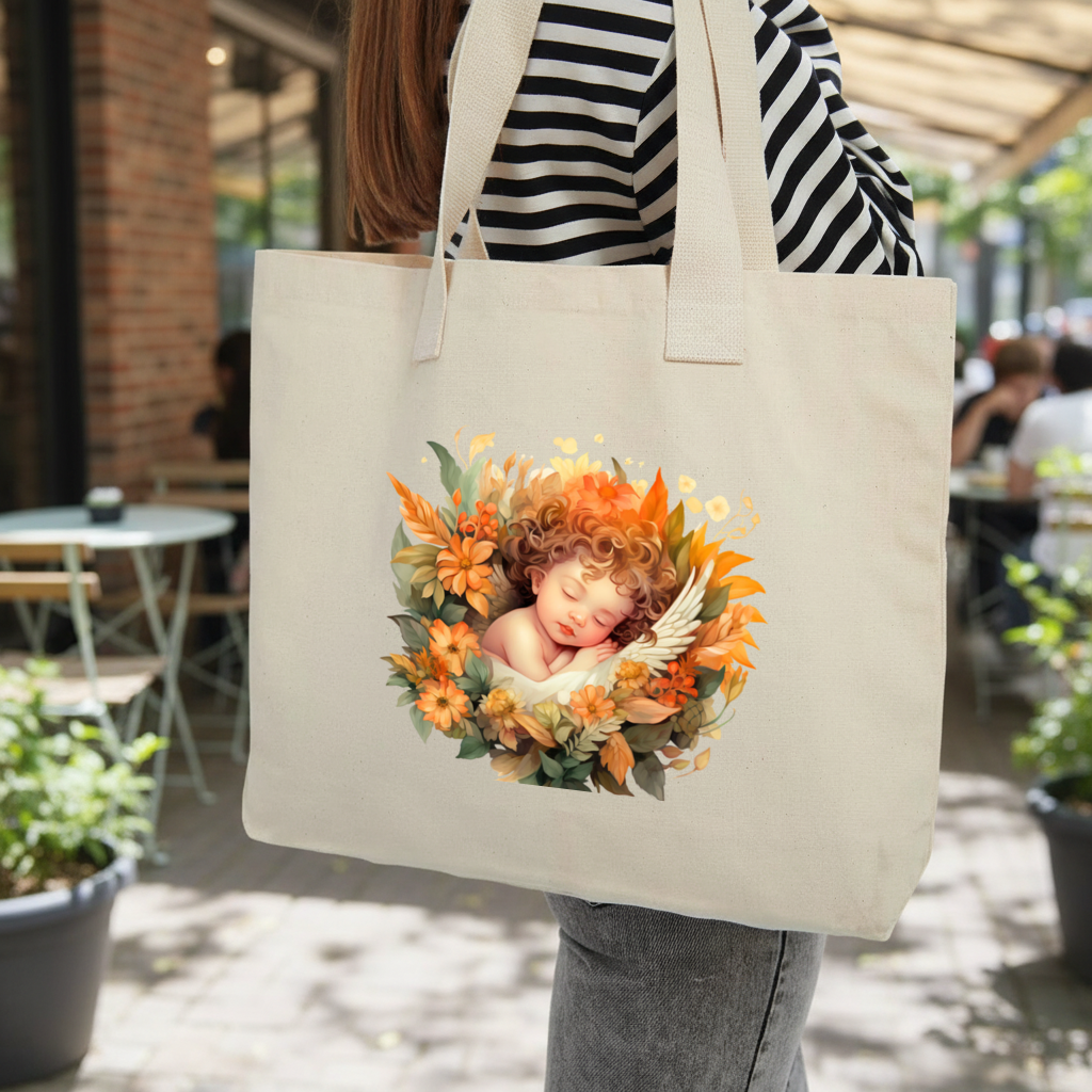Sleeping Cherub in Cottagecore Flowers Inner Pocket Tote with Webbing Handle