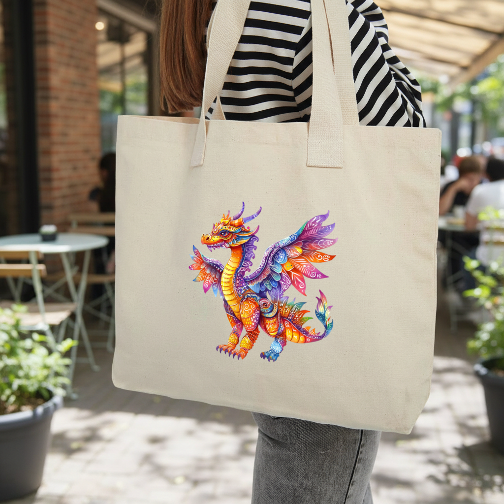 Vibrant Rainbow Mythical Dragon Inner Pocket Tote with Webbing Handle